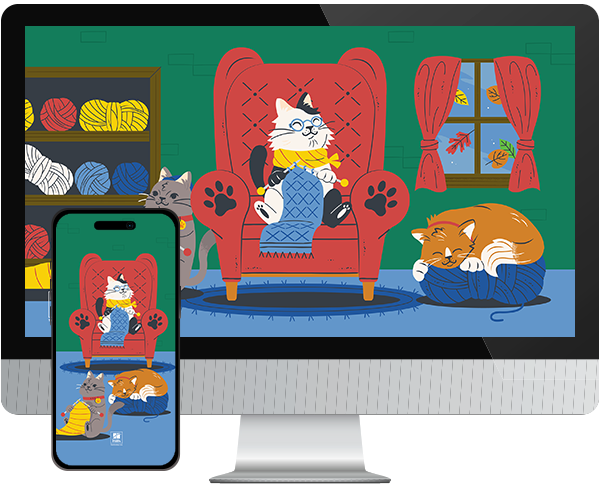Desktop & mobile example of  "Knittin' Kittens" pet wallpaper for phones